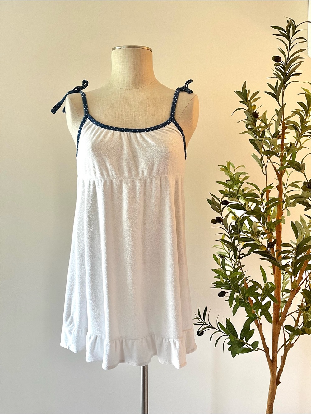 Y2K Xhilaration White Babydoll Terrycloth Dress with Navy Dot Trim tie strap